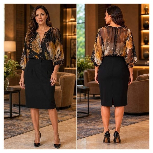 Black Halo Dresses & Skirts - Black Halo Sheer Watercolor Blouson Sheath Dress Black Mustard Women 12